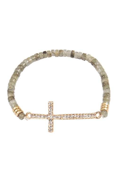 S24-2-5-MYB1507LAB-1 - CROSS RHINESTONE  WITH NATURAL STONE BEADS STRETCH BRACELET-GRAY/1PC