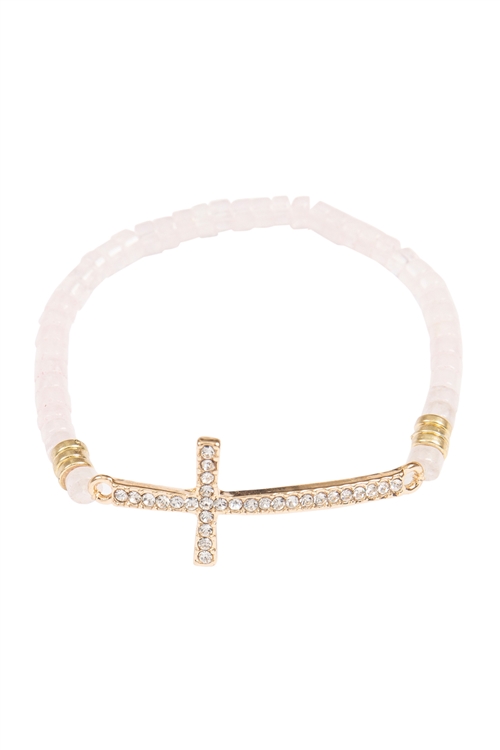 A3-3-1-MYB1507PK - CROSS RHINESTONE  WITH NATURAL STONE BEADS STRETCH BRACELET-PINK/6PCS