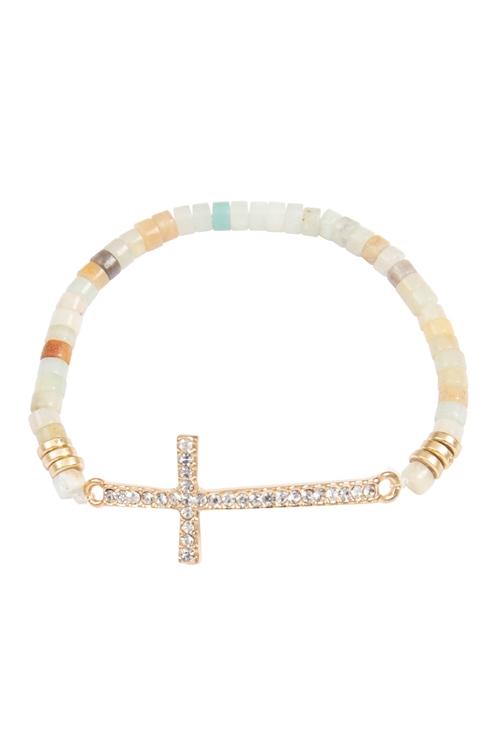 A3-3-1-MYB1507POM - CROSS RHINESTONE  WITH NATURAL STONE BEADS STRETCH BRACELET-AMAZONITE/6PCS