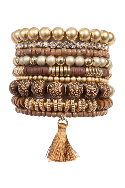 S20-8-3-MYB1508BR - MIX WOOD BEADS CCB TASSEL PENDANT, CHARM LAYERED VERSATILE BRACELET SET-BROWN/6PCS