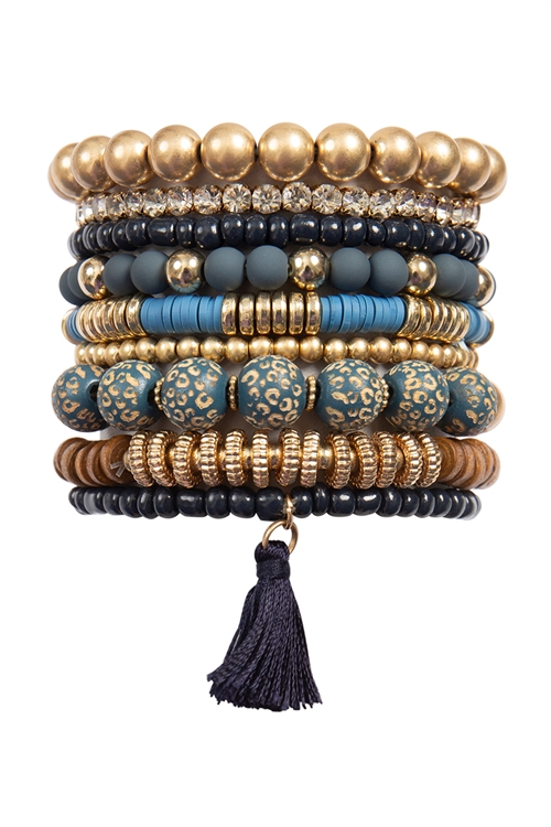 S20-8-3-MYB1508NV - MIX WOOD BEADS CCB TASSEL PENDANT, CHARM LAYERED VERSATILE BRACELET SET-NAVY/6PCS