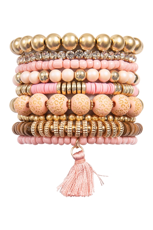 S20-9-3-MYB1508PK - MIX WOOD BEADS CCB TASSEL PENDANT, CHARM LAYERED VERSATILE BRACELET SET-PINK/6PCS