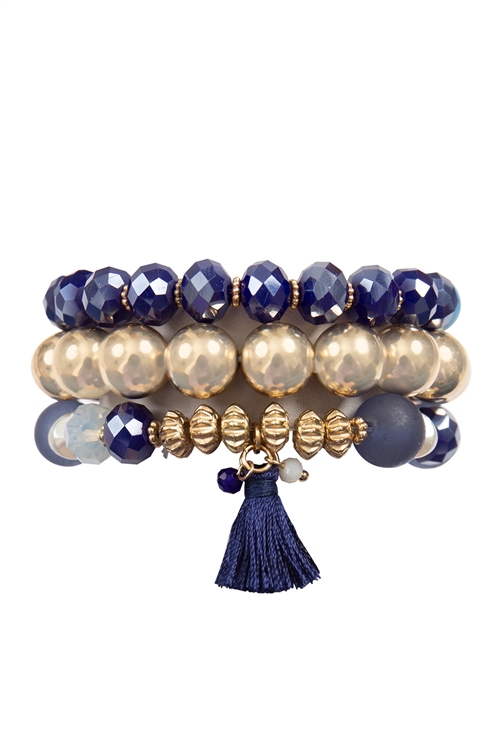 S23-7-1-MYB1510NV -  GLASS BEADS CCB, TASSEL PENDANT, LAYERED CHARM BRACELET-NAVY/6PCS