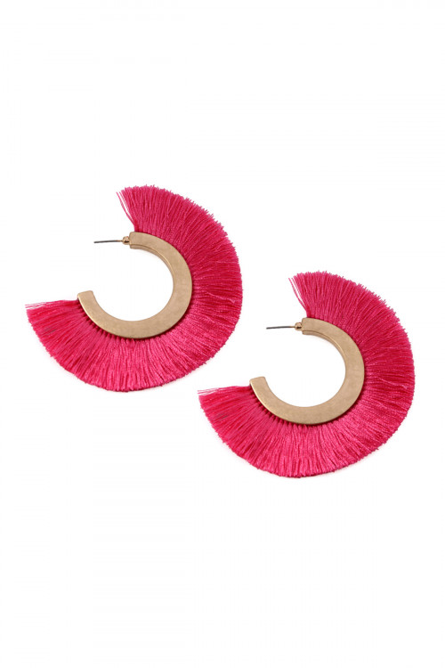 S22-8-1-MYE1037HPK HOT PINK TASSEL HOOP METAL POST EARRINGS/6PAIRS