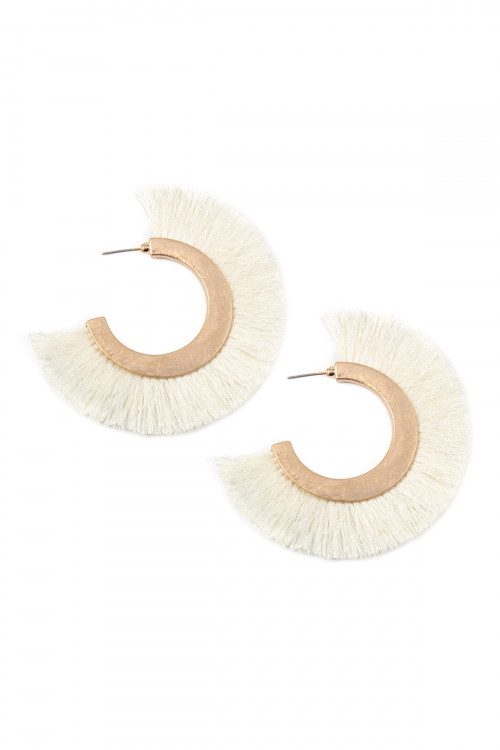 S22-8-1-SA3-1-2-MYE1037IV IVORY TASSEL HOOP METAL POST EARRINGS/6PAIRS