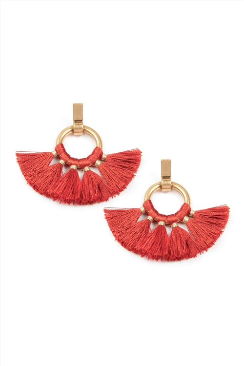 A2-2-4-MYE1060COR-1 CORAL FAN TASSEL POST WRAP HOOP DANGLE EARRINGS/1PAIR