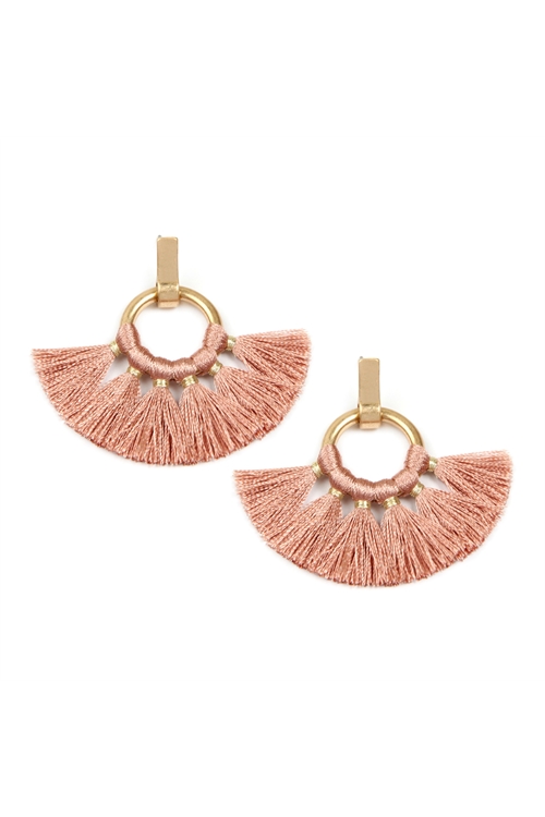 S22-3-1-MYE1060DPK DUTY PINK FAN TASSEL POST WRAP HOOP DANGLE EARRINGS/6PAIRS