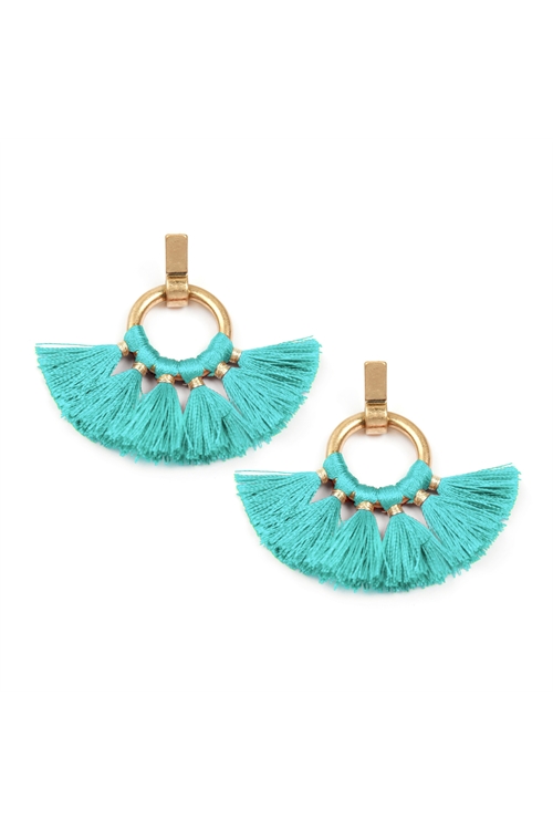 237-E-MYE1060TQ TURQUOISE FAN TASSEL POST WRAP HOOP DANGLE EARRINGS/6PAIRS