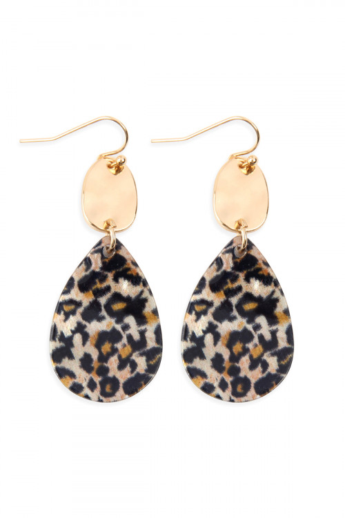 S19-12-4-MYE1070 LEOPARD PRINTED ACETATE DANGLE TEARDROP EARRINGS/6PAIRS