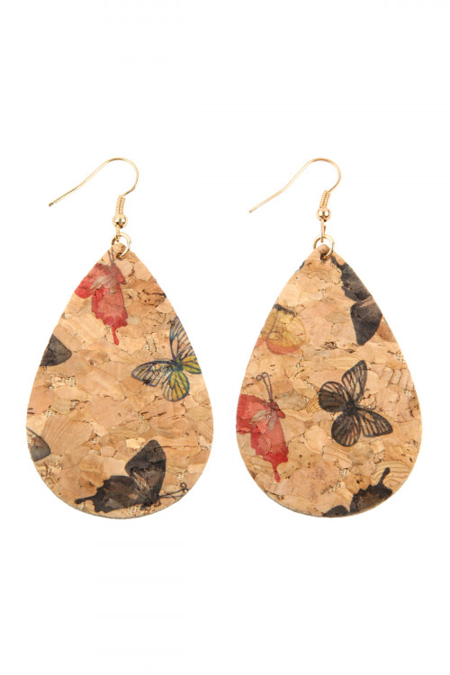 A2-2-4-MYE1084NV NAVY BUTTERFLY PRINT CORK TEARDROP EARRINGS/6PAIRS