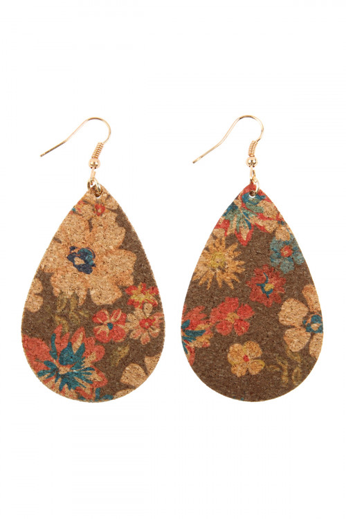 S22-5-3-MYE1086BR BROWN STYLE 2 FLOWER PRINT CORK TEARDROP EARRINGS/6PAIRS