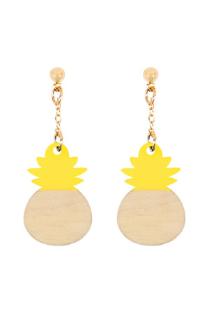 S22-7-5-MYE1114YL YELLOW PINEAPPLE WOOD POST DANGLE EARRINGS/6PAIRS