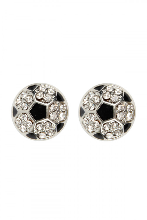 S21-3-4-MYE1116SOC SOCCER BALL RHINESTONE POST EARRINGS-SILVER/6PAIRS