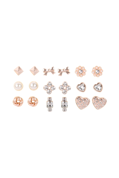 S25-6-5-MYE1163RG - 9 PAIRS ASSORTED RIBBON HEART DAINTY EARRINGS - ROSE GOLD/6PCS