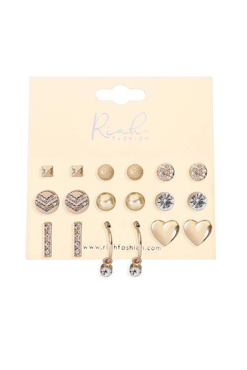 S17-11-5-MYE1167G - 9 PAIRS ASSORTED HEART ROUND DAINTY EARRINGS - GOLD/6PCS (NOW $1.25 ONLY!)