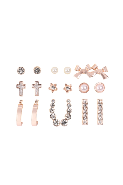 S17-11-5-MYE1168RG - 9 PAIRS ASSORTED CRAWLER RHINESTONE PEARL DAINTY EARRINGS - ROSE GOLD/6PCS (NOW $1.25 ONLY!)