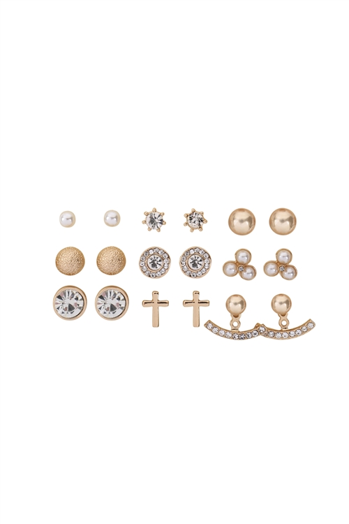 S22-6-2-MYE1169G - 9 PAIRS ASSORTED CROSS DAINTY EARRINGS - GOLD /6PCS