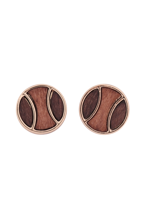 S17-4-3-MYE1390G-WOOD INSET BASEBALL POST BACK EARRINGS-GOLD/6PCS