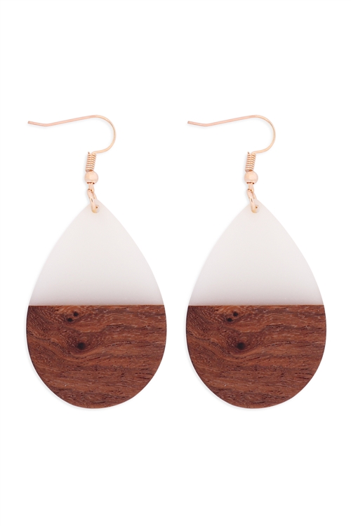 S27-7-2-MYE1404WH-HOMAICA WOOD PEARSHAPE DROP EARRINGS-WHITE/6PAIRS