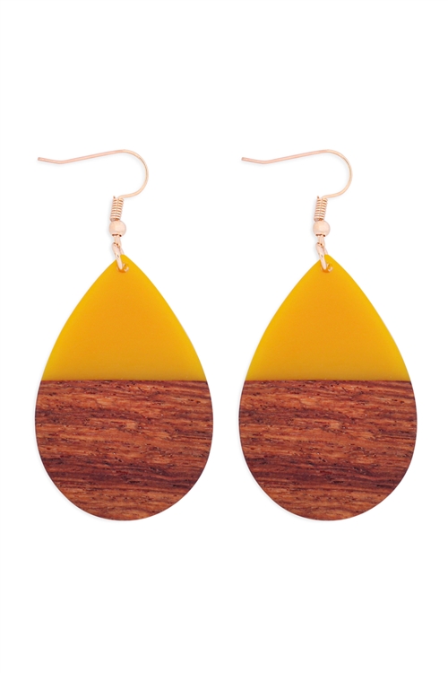 S27-7-2-MYE1404YE-HOMAICA WOOD PEARSHAPE DROP EARRINGS-YELLOW/6PAIRS