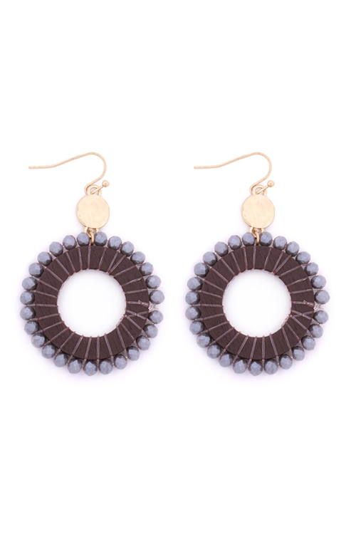 S27-9-3-MYE1408BR-GLASS BEADED WOOD HOOP DROP EARRINGS-BROWN/6PAIRS