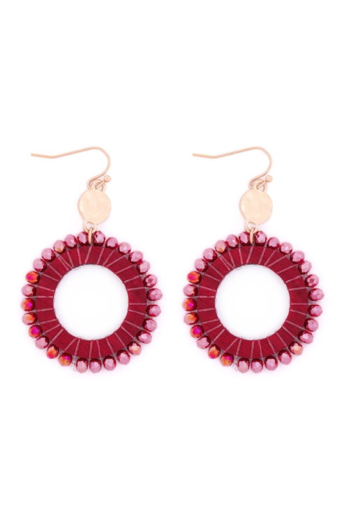 S27-7-2-MYE1408RD-GLASS BEADED WOOD HOOP DROP EARRINGS-RED/6PAIRS