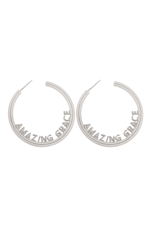 S19-6-3-MYE1411MSAMZ-"AMAZING GRACE" LETTER ROUNDED HOOP EARRRINGS-MATTE SILVER/6PAIRS