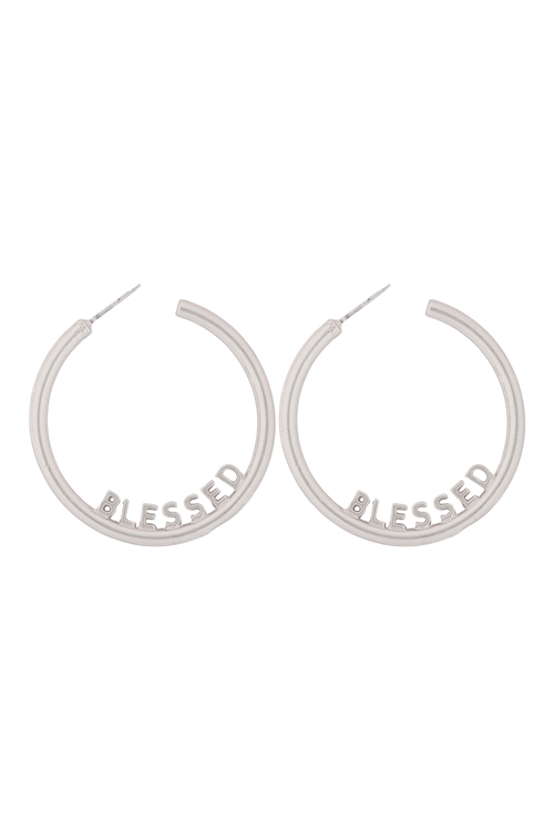 S23-6-2-MYE1411MSBLE-"BLESS" LETTER ROUNDED HOOP EARRRINGS-MATTE SILVER/6PAIRS