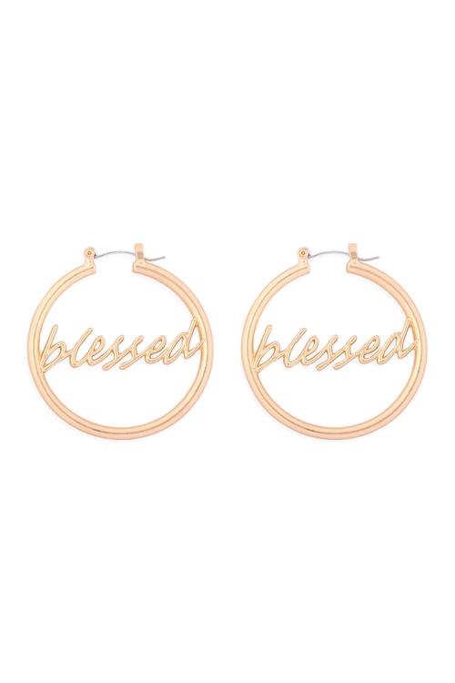 S19-6-3-MYE1413MGBLE-"BLESSED" LETTER  HOOP LATCH - MATTE GOLD/6PAIRS