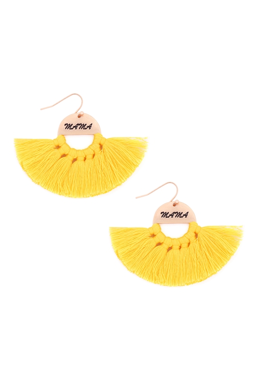 S29-2-1-MYE1418YE-MAMA ETCHED FAN TASSEL EARRINGS-YELLOW/6PAIRS