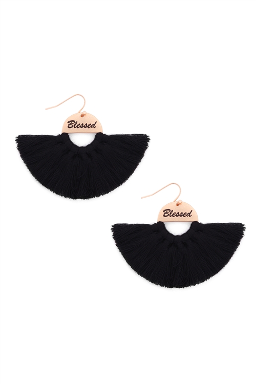 S29-2-3-MYE1419BK-BLESSED ETCHED FAN TASSEL EARRINGS-BLACK/6PAIRS