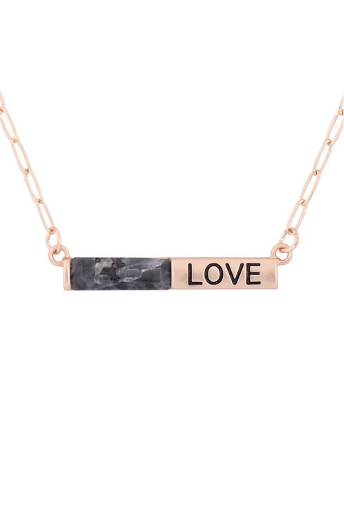 S19-9-1--MYE1439MGBK - "LOVE" HALF NATURAL STONE HALF METAL NECKLACE - MATTE GOLD BLACK/6PCS