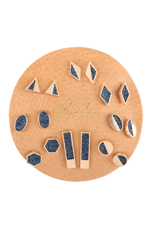 S17-9-3-MYE1469GDMON - ASSORTED SET GEOMETRIC SHAPE DRUZY STUD EARRINGS -GOLD MONTANA BLUE/6PCS