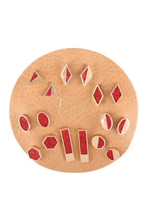 S15-14-4-MYE1469GDRD - ASSORTED SET GEOMETRIC SHAPE DRUZY STUD EARRINGS - GOLD RED/6PCS
