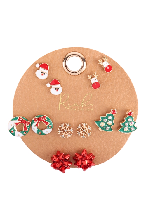 S23-12-1-MYE1478 - XMAS SANTA TREE ASSORTED STUD EARRINGS SET - MULTICOLOR/6PCS