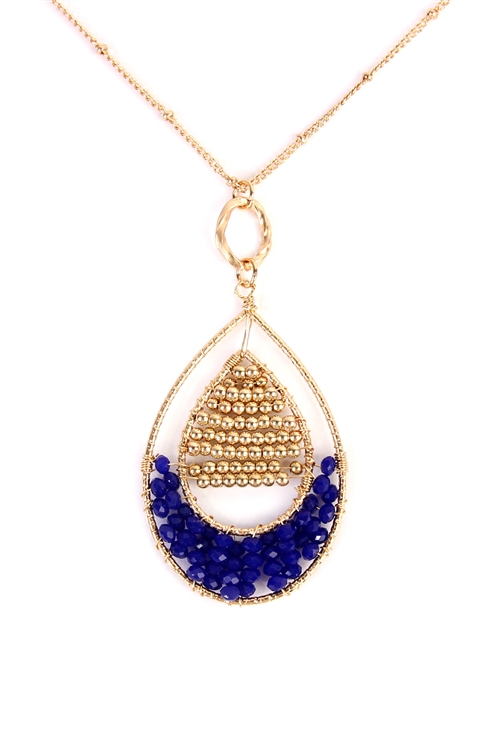 A2-3-5-MYN1009GDBL GOLD BLUE TEARDROP SHAPE BEADS PENDANT LONG NECKLACE/6PCS