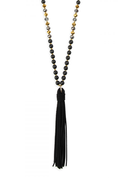 S29-5-2-MYN1066BK BLACK BEADED NECKLACE WITH LEATHER TASSEL/6PCS