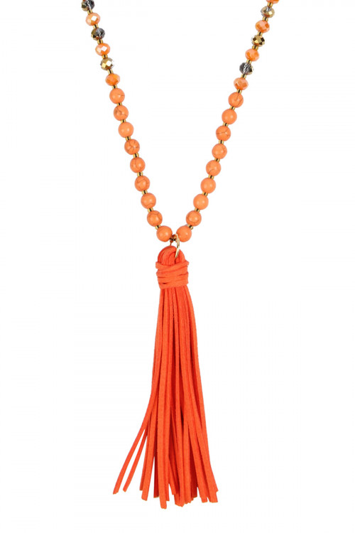 S29-5-2-MYN1066COR CORAL BEADED NECKLACE WITH LEATHER TASSEL/6PCS