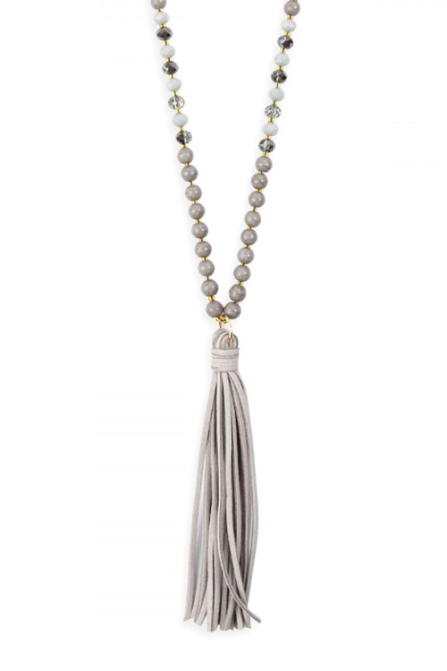 S21-2-1-MYN1066GY GRAY BEADED NECKLACE WITH LEATHER TASSEL/6PCS