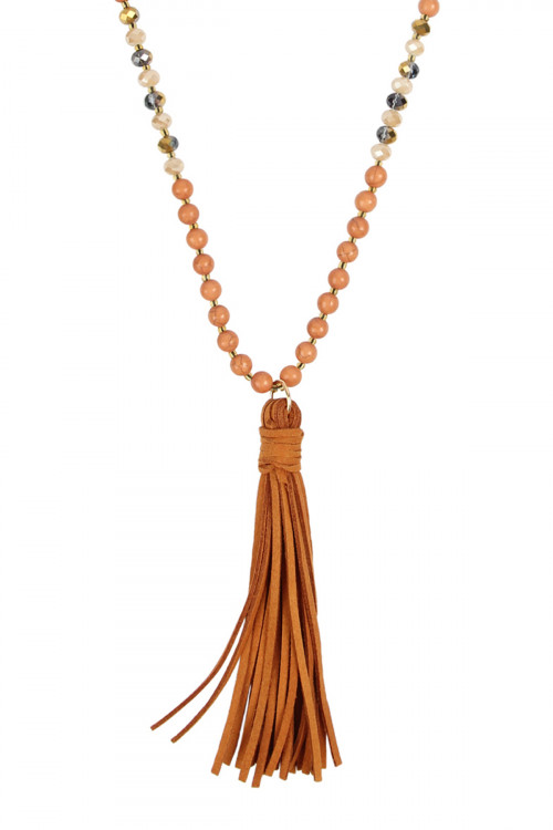 S21-2-1-MYN1066LBR LIGHT BROWN BEADED NECKLACE WITH LEATHER TASSEL/6PCS