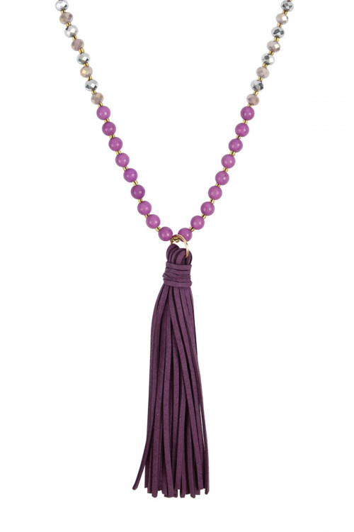 S22-4-1-MYN1066LPU LIGHT PURPLE BEADED NECKLACE WITH LEATHER TASSEL/6PCS