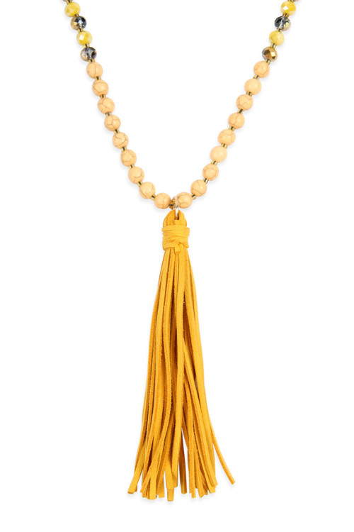 S21-2-1-MYN1066MU MUSTARD BEADED NECKLACE WITH LEATHER TASSEL/6PCS