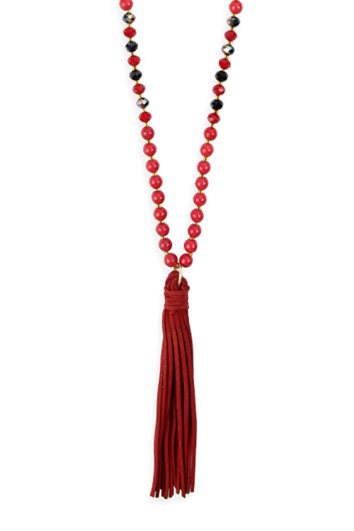 S21-2-1-MYN1066RD RED BEADED NECKLACE WITH LEATHER TASSEL/6PCS