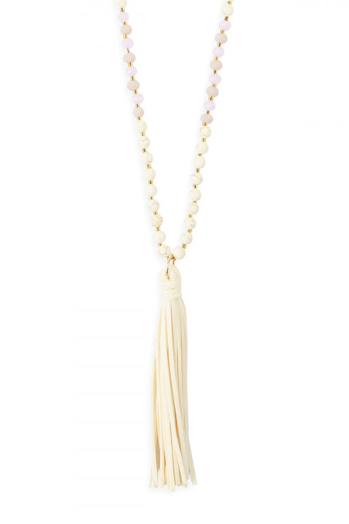 S29-5-2-MYN1066WH WHITE BEADED NECKLACE WITH LEATHER TASSEL/6PCS