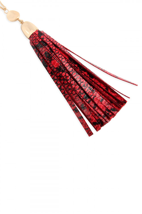 S24-8-2-MYN1079RD RED SNAKE SKIN PRINTED LEATHER TASSEL NECKLACE/6PCS