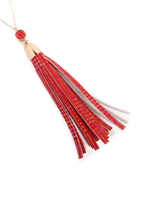 S25-8-4-MYN1106RD RED LEATHER TASSEL PENDANT NECKLACE/6PCS