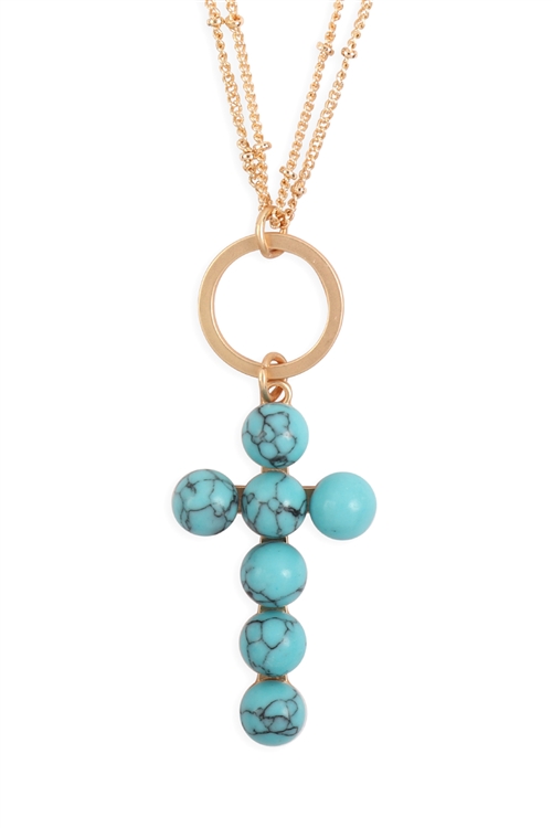 S23-11-3-MYN1250TQ-BEADED CROSS PENDANT NECKLACE-TURQUOISE/6PCS (NOW $1.25 ONLY!)