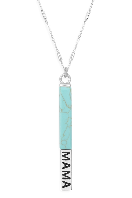 S7-5-1-MYN1303MSTQ-MAMA HALF METAL & STONE BAR PENDANT NECKLACE-MATTE SILVER TURQUOISE/6PCS