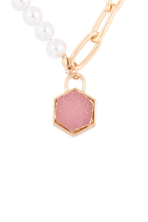 S18-7-3-MYN1320GPK-DRUZY PENTAGON PENDANT HALF CHAIN HALF PEARL NECKLACE-GOLD PINK/6PCS