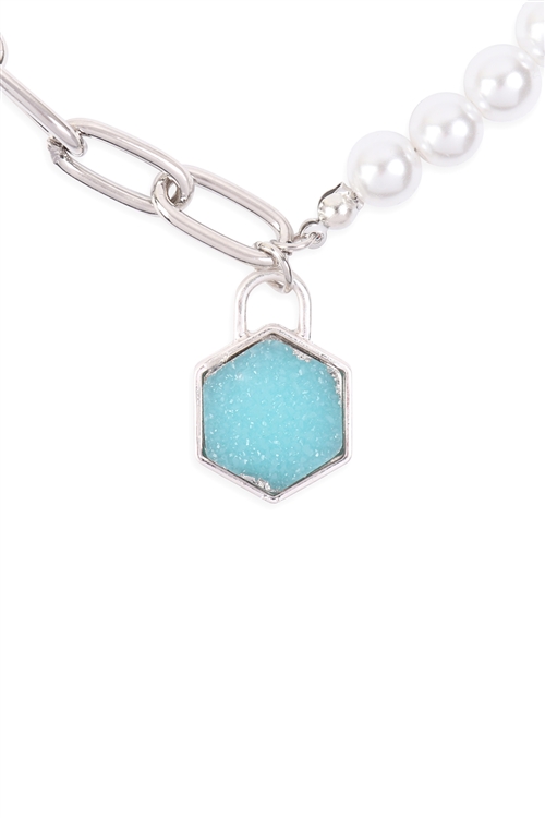 S19-9-4-MYN1320RGR-DRUZY PENTAGON PENDANT HALF CHAIN HALF PEARL NECKLACE-SILVER TURQUOISE/6PAIRS